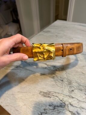 Vintage Gail Labelle Cognac Leather Belt Sculptural Brutalist Gold Buckle Medium